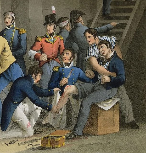 Nelson and other wounded officers being treated during the Battle of the Nile. Illustration by William Heath, from Historic, Military and Naval Anecdotes, 1819. Bridgeman Images.