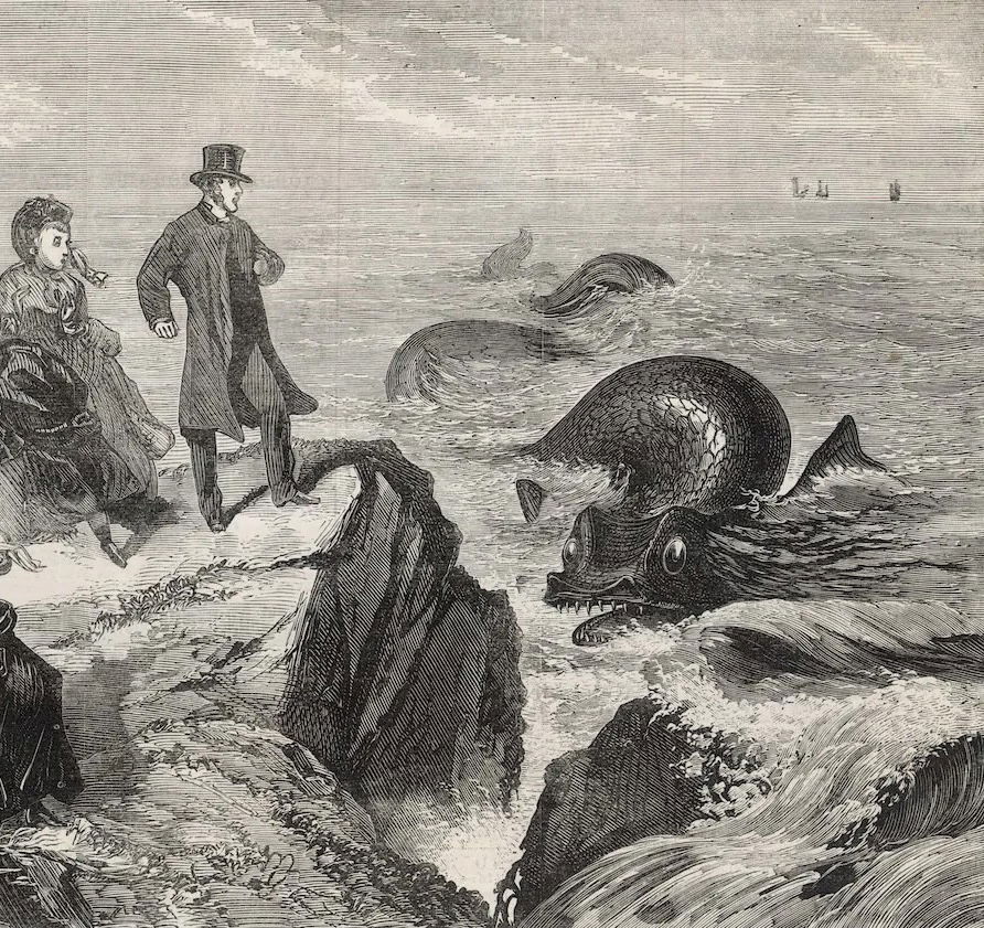 ‘Startling appearance of a monster sea-serpent off Kilkee on the Irish coast (from a sketch by an eye-witness)’, from the Days’ Doings, 21 October 1871. Mary Evans Picture Library.