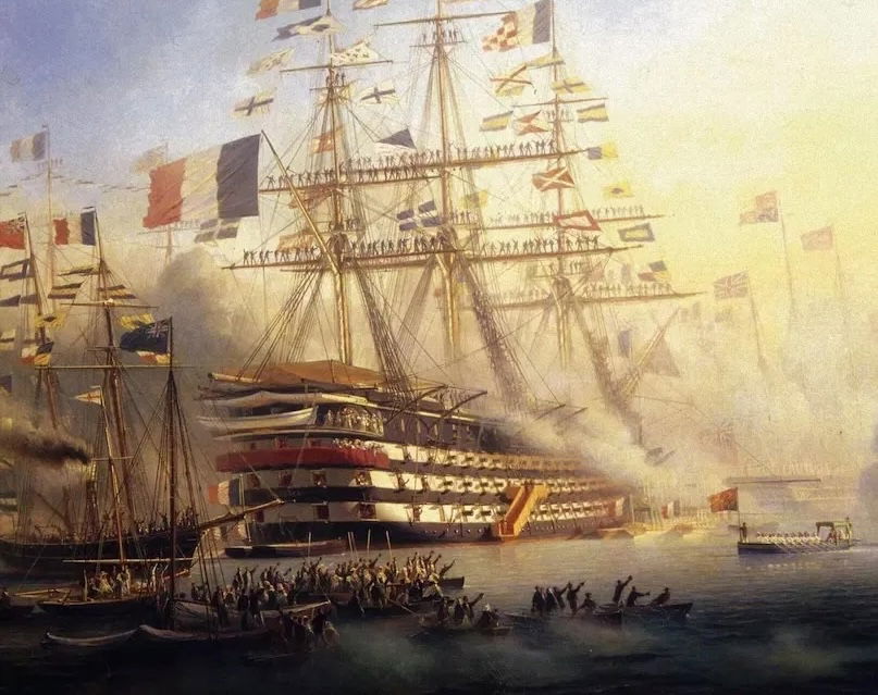 Napoleon III receiving Queen Victoria on board La Bretagne, 6 August 1858, at the port of Cherbourg, by Antoine Léon Morel-Fatio, 1859. Heritage Images/TopFoto.