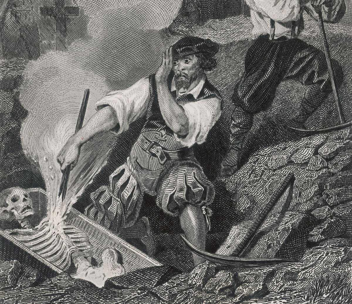 ‘The end of a Bohemian vampire as his coffin is opened and a red hot iron is plunged into his evil heart’. Illustration by René de Moraine from Paul Féval’s Les Tribunaux Secrets, 1872. Chronicle/Alamy Stock Photo. ‘The end of a Bohemian vampire as his coffin is opened and a red hot iron is plunged into his evil heart’. Illustration by René de Moraine from Paul Féval’s Les Tribunaux Secrets, 1872. Chronicle/Alamy Stock Photo.