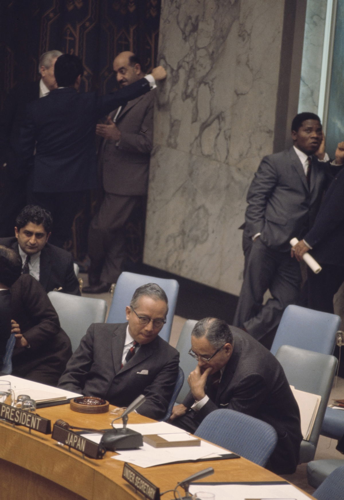 U Thant, with under-secretary-general for special political affairs Ralph Bunch, at the United Nations, Bernard Gotfryd, 1966. Library of Congress. Public Domain. U Thant, with under-secretary-general for special political affairs Ralph Bunch, at the United Nations, Bernard Gotfryd, 1966. Library of Congress. Public Domain.