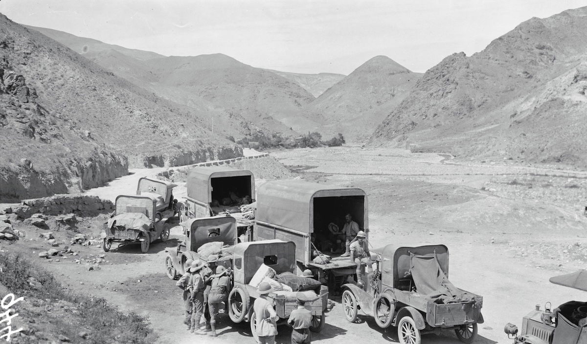 Vehicles of the ‘Dunsterforce’ on the move, by Ariel Varges, 1918. Imperial War Museum. Vehicles of the ‘Dunsterforce’ on the move, by Ariel Varges, 1918. Imperial War Museum.