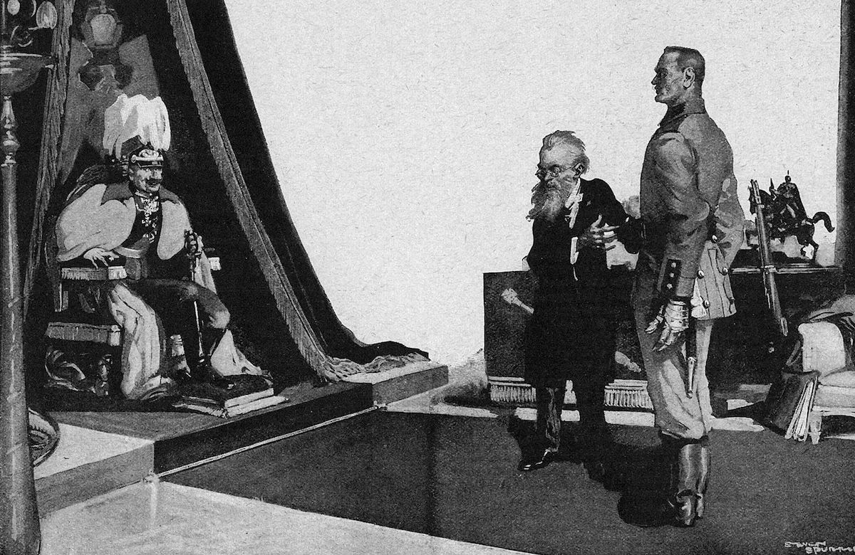 ‘You ask me, your majesty, if he is efficient. I reply, more efficient than before he fell in battle’. Illustration from Blood and Iron, Strand Magazine (October 1917). University of Michigan. Public Domain.