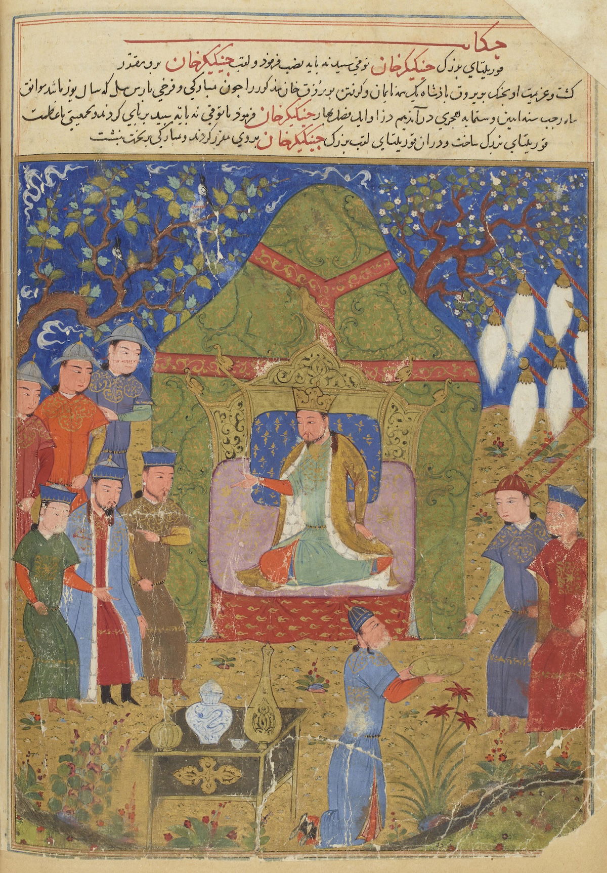 Chinggis Khan, from The Compendium of Chronicles, by Rashid al-Din Hamadani, manuscript c.1430-34. Bibliothèque nationale de France. Chinggis Khan, from The Compendium of Chronicles, by Rashid al-Din Hamadani, manuscript c.1430-34. Bibliothèque nationale de France.