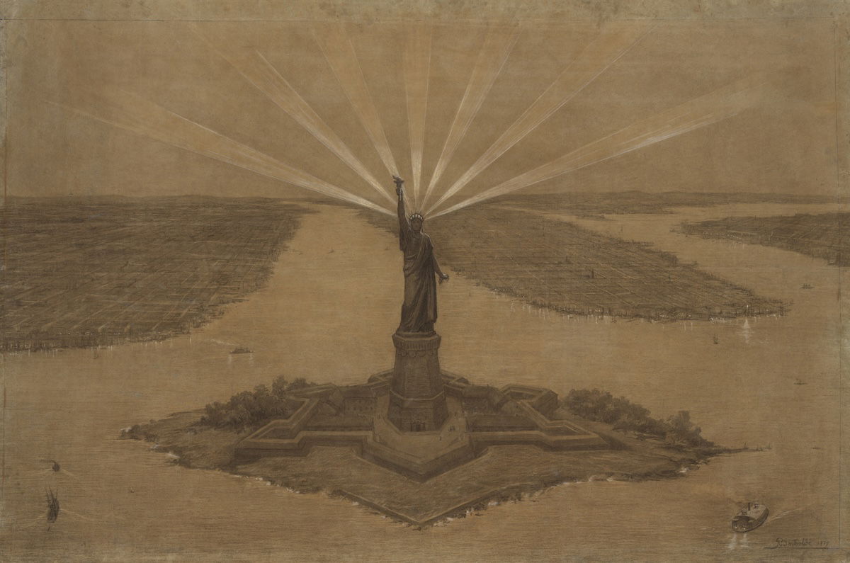 Presentation drawing of The Statue of Liberty Illuminating the World, Frédéric-Auguste Bartholdi, 1875. Metropolitan Museum of Art. Public Domain. Presentation drawing of The Statue of Liberty Illuminating the World, Frédéric-Auguste Bartholdi, 1875. Metropolitan Museum of Art. Public Domain.