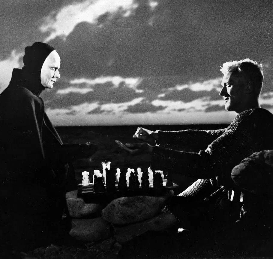 Bengt Ekerot and Max von Sydow in Ingmar Bergman’s The Seventh Seal, 1957. © 2025 Janus Films.
