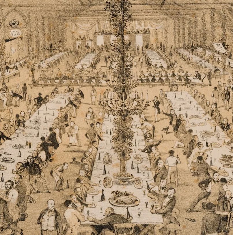 Old Colonists Festival Dinner held at the City Bridge Hotel, Adelaide, 27 March 1851, by Samuel Gill. State Library NSW. Public Domain.