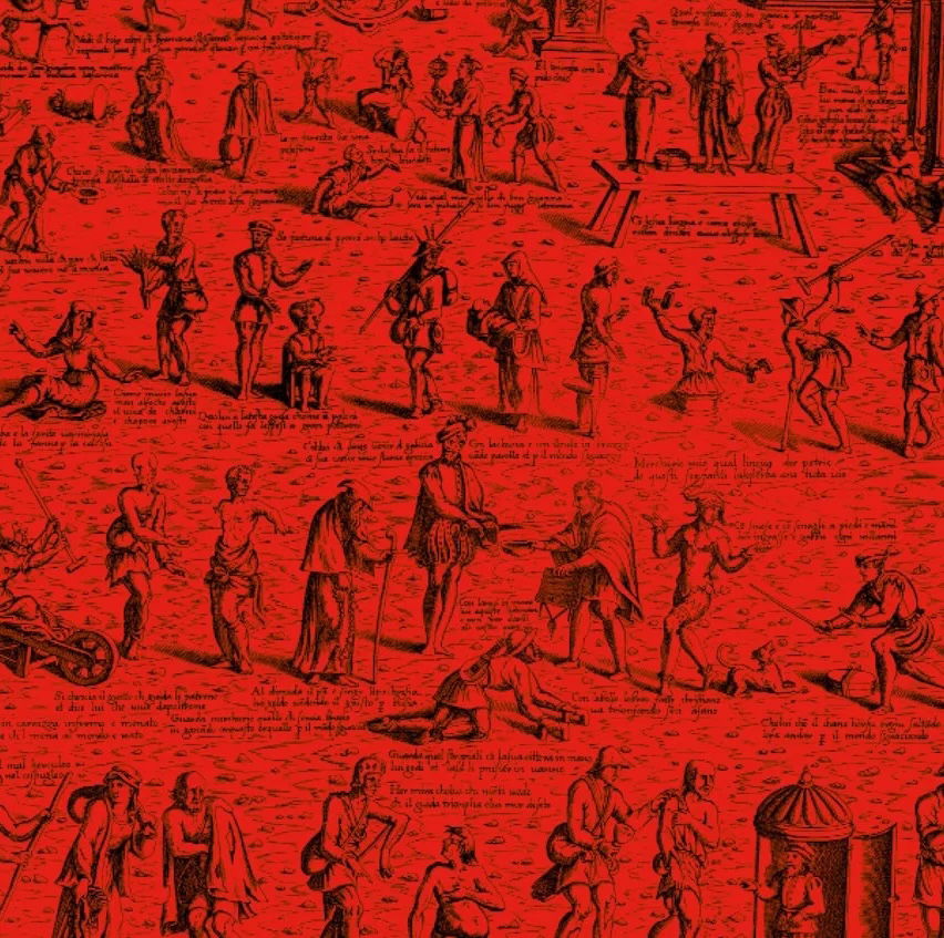 ‘The Deceits of the World’, by Cristofano Bertelli, c.1558-62. The pilgrim, with his staff over his shoulder, is captioned ‘He who pretends to come from Galicia’. Rijksmuseum. Public Domain.