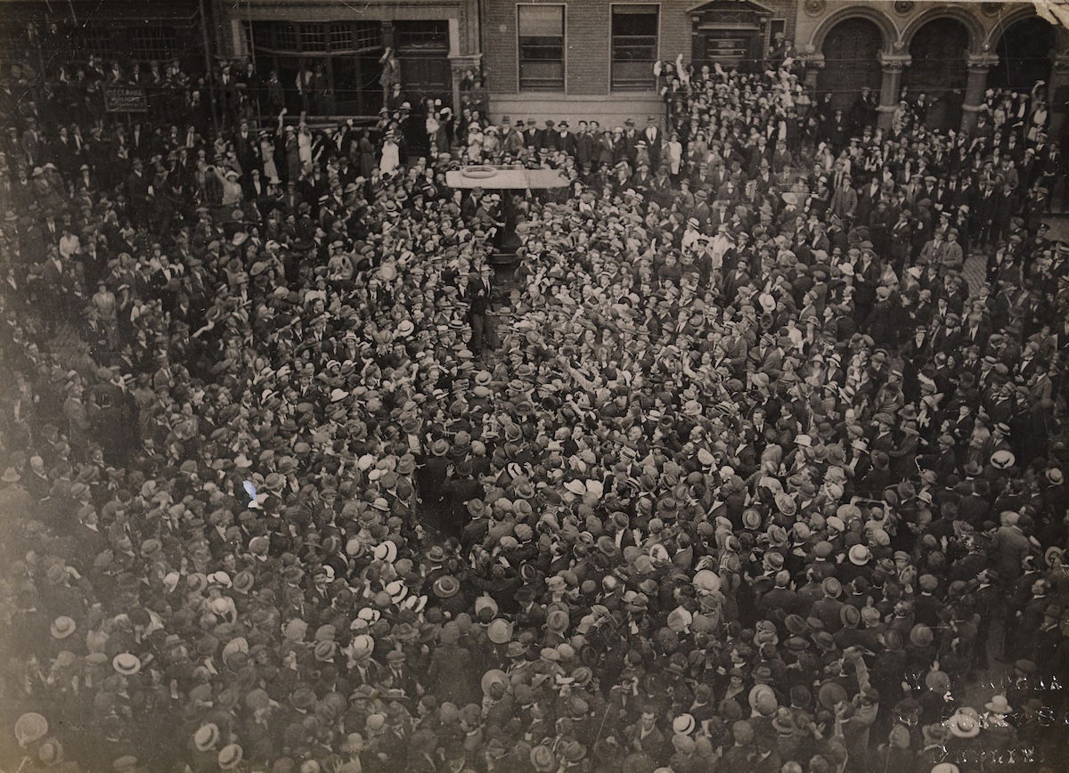 A crowd in Dublin greets Michael Collins following the establishment of the Irish Free State, c.1921-22. National Library of Ireland. Public Domain.