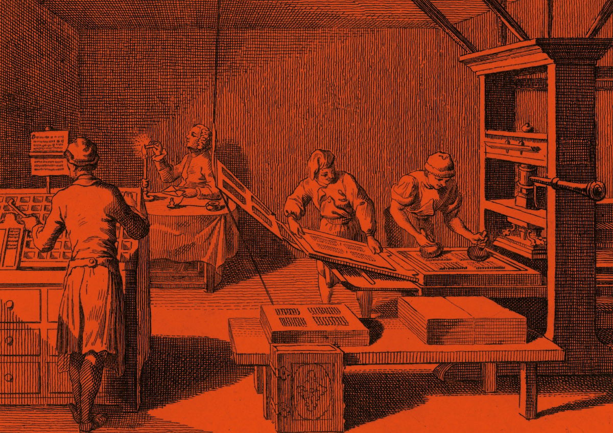 The interior of a printing house, Dutch, 18th century. Chronicle/Alamy Stock Photo