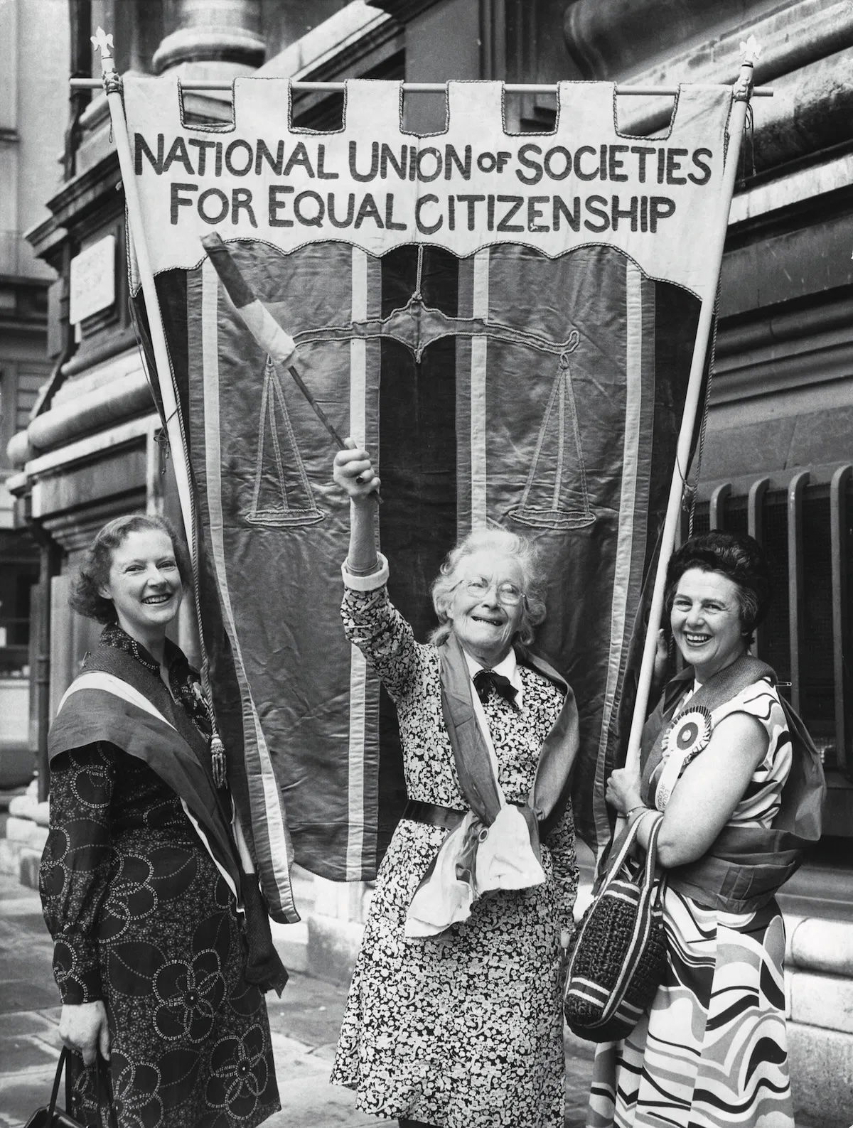 Suffragist Dame Margery Corbett Ashby with Fawcett Society members Virginia Novarra and Pamela Anderson at a meeting to call for anti-discrimination legislation, 18 June 1973. PA Photos/TopFoto.