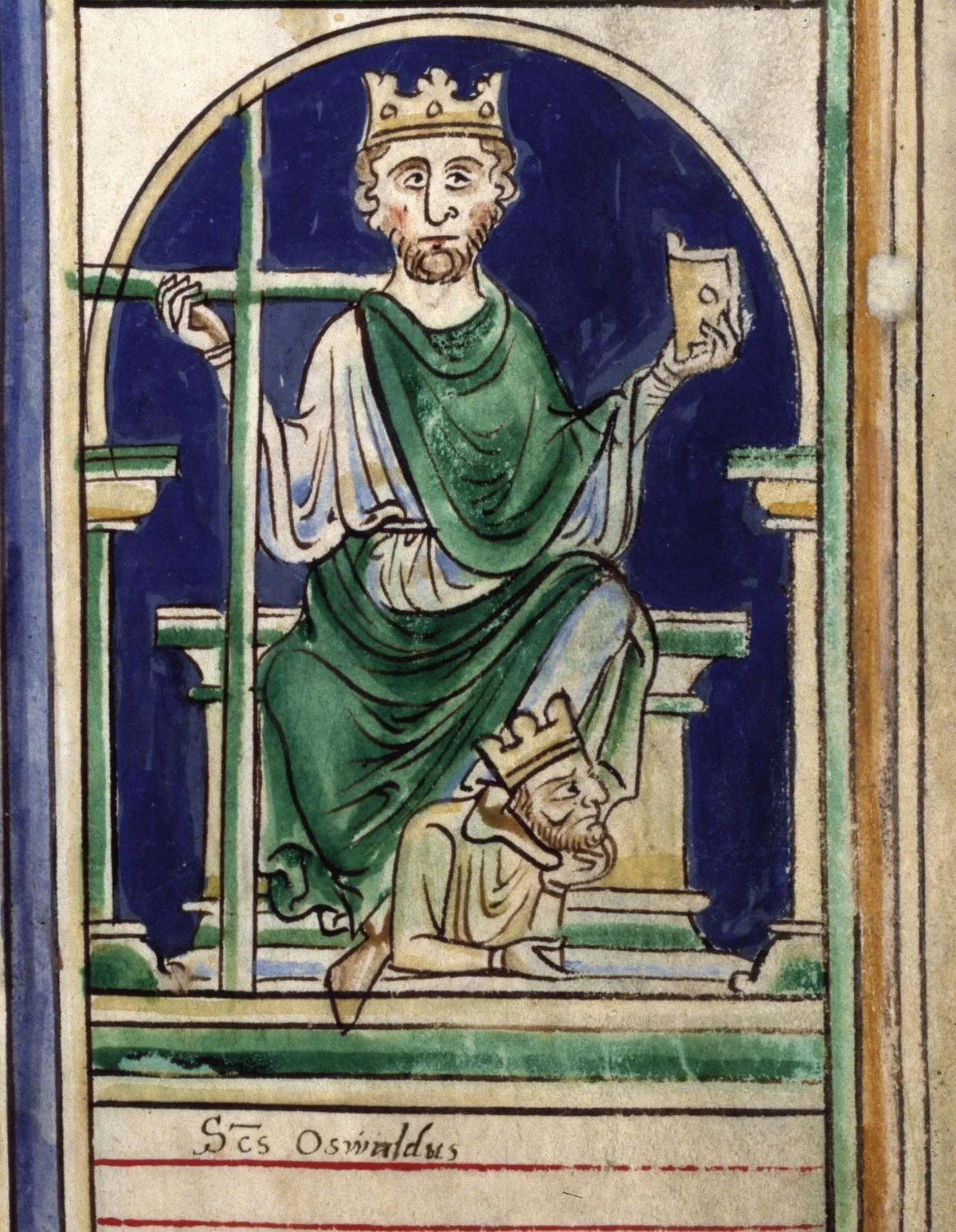 St Oswald stamping on Cædwalla, from the Abbreviatio chronicorum Angliae, by Matthew Paris, English, 1250-59. British Library/Bridgeman Images.