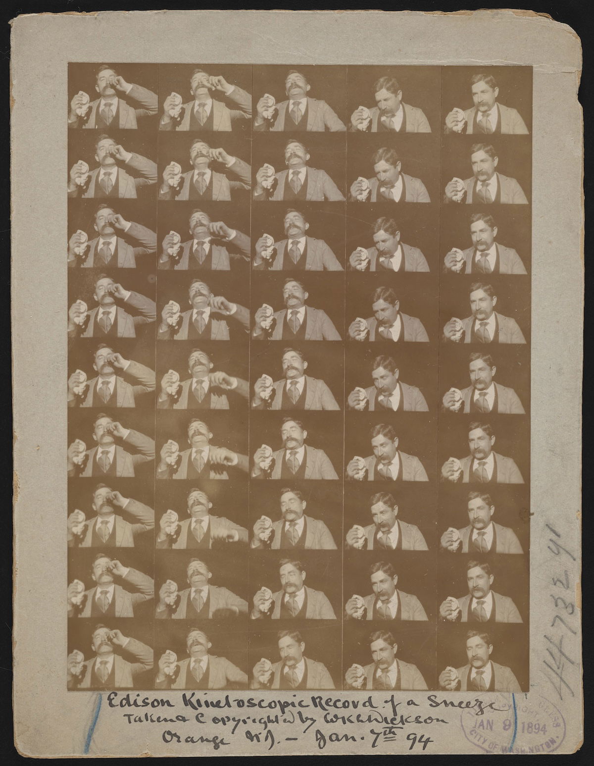 Fred Ott’s Sneeze, an early kinetoscopic film produced by the Edison Manufacturing Company, 1894. Library of Congress. Public Domain.