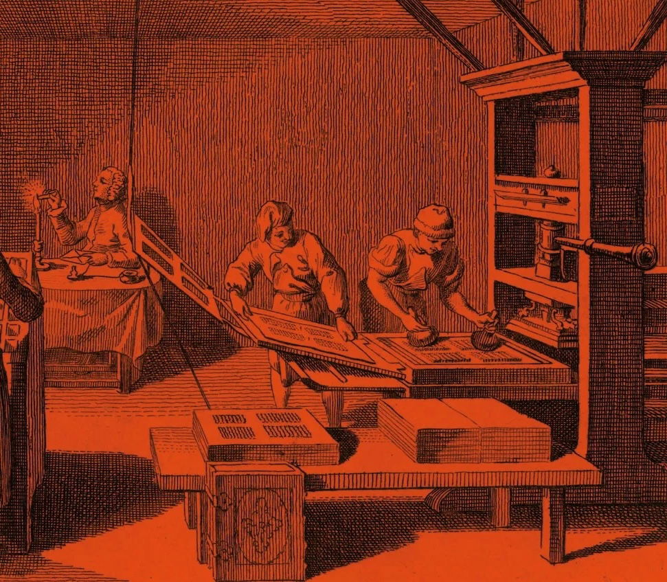 The interior of a printing house, Dutch, 18th century. Chronicle/Alamy Stock Photo