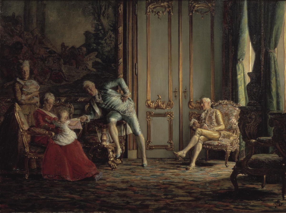 King Christian VII, Johann Frederick Struensee, Queen Caroline Matilda, and Princess Louise Augusta and a lady-in-waiting, Kristian Zahrtmann, 1881. Statens Museum for Kunst er Danmarks. Public Domain.