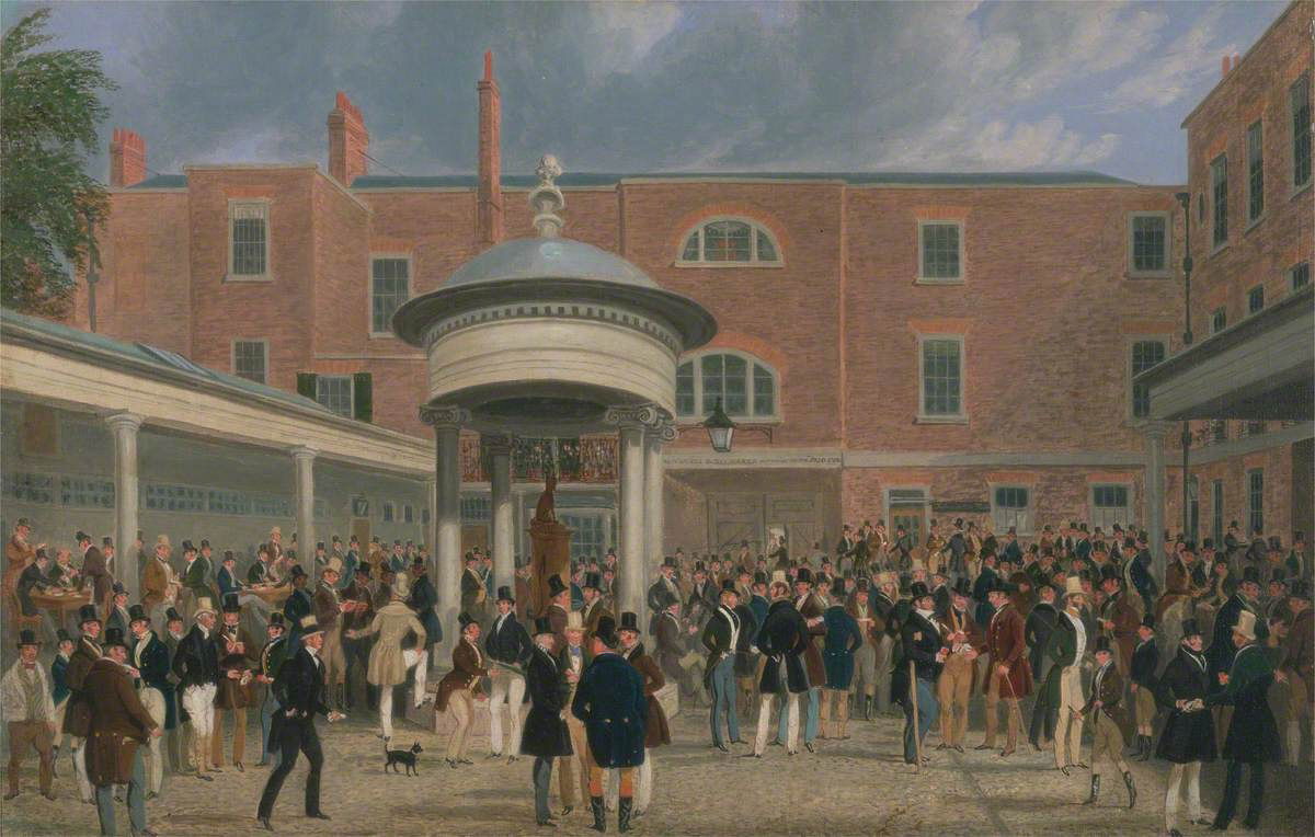 Epsom Races: Settling Day at Tattersalls, James Pollard, c. 1834-5. Yale Center for British Art. Public Domain.