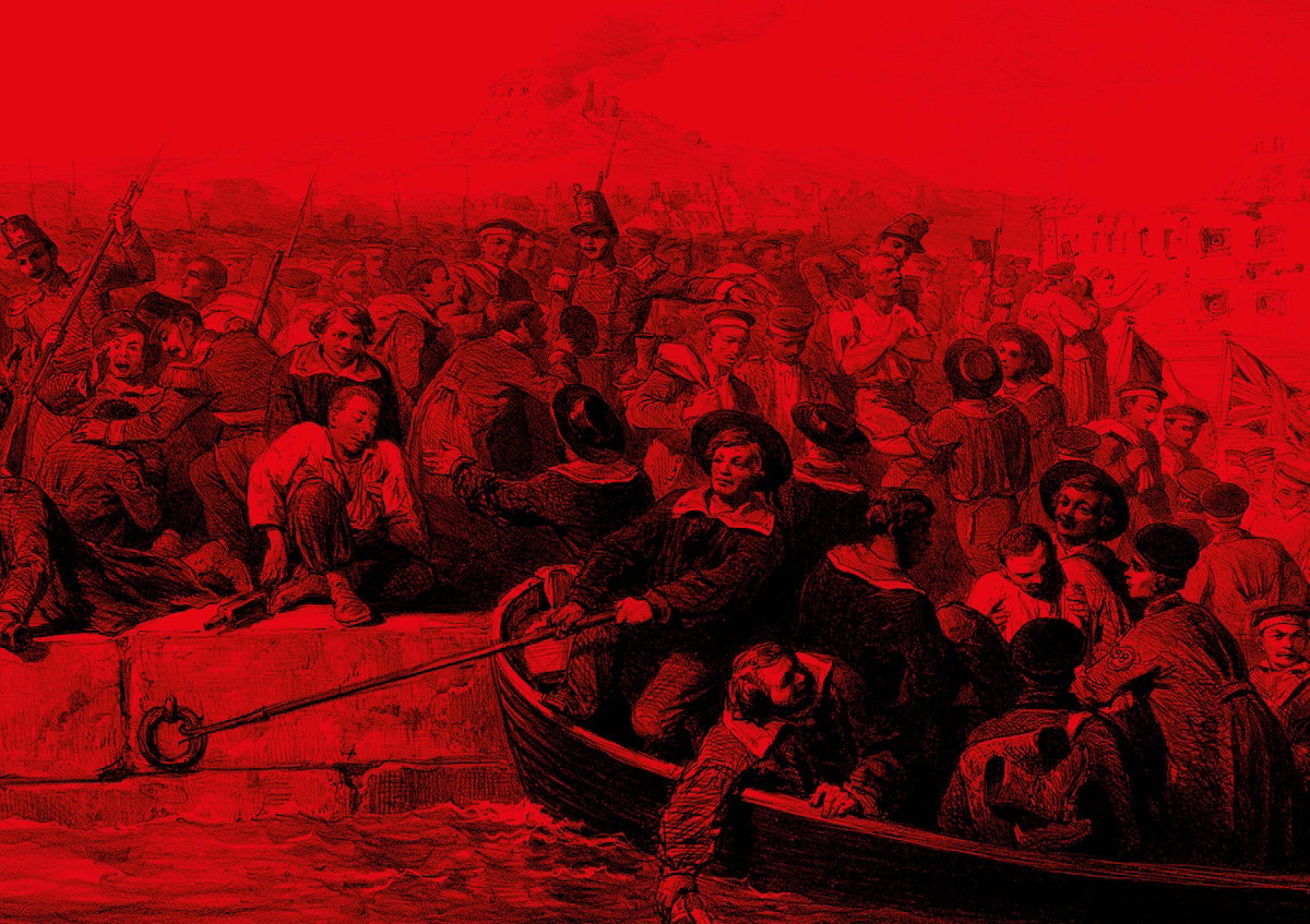 Russian prisoners embarking at Bomarsund. Engraving by G. Thomas after Edwin T. Dolby, c.1855. Mary Evans Picture Library.