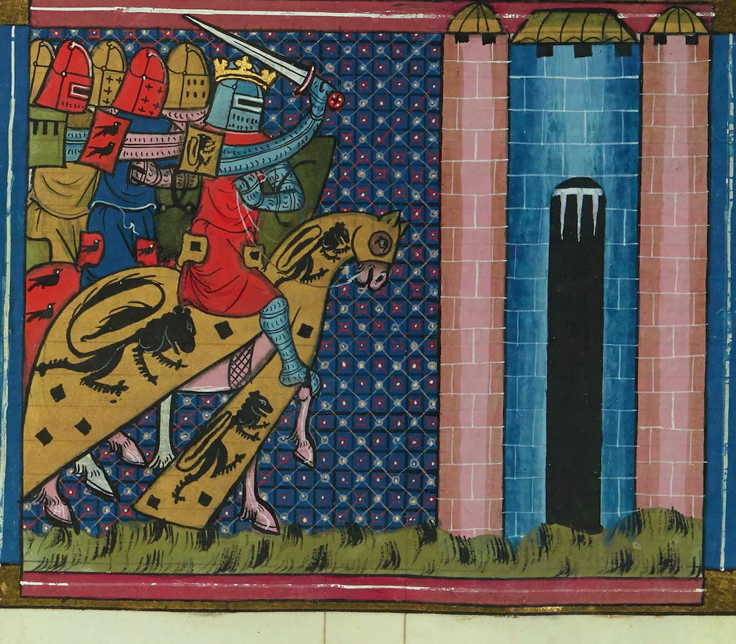 Baldwin IV arriving at Kerak, from the Romance of Godfrey of Bouillon and Saladin, 1337. Bibliothèque nationale de France.