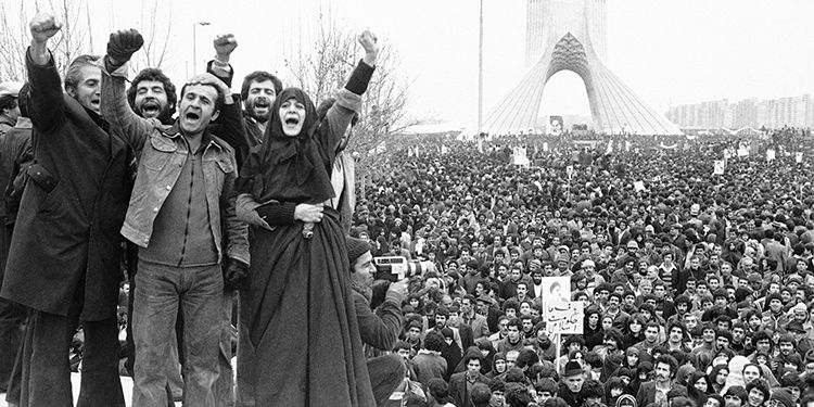 Supporters of Ayatollah Khomeini hold a demonstration in Iran during the Islamic Revolution of 1979.