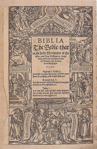 Title page of Coverdale's English Bible of 1535 showing Henry VIII distributing the scriptures to his grateful subjects