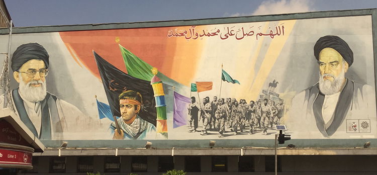 Billboard on Azadi Street in Tehran. Supreme Leader Ali Khamenei is depicted on the left with his predecessor Ayatollah Khomeini on the right. Photo: Sophie Hay