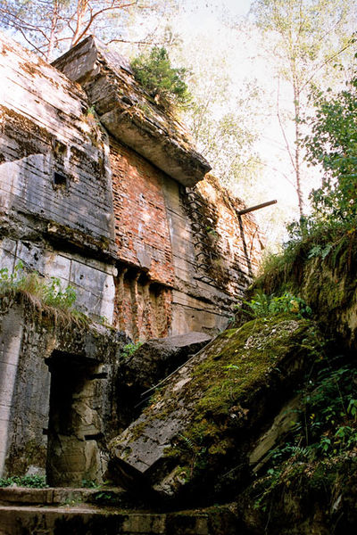 Remains of the largest bunker (Hitler's) at the Wolfsschanze. Its height may be gauged by the doorway at the lower left.