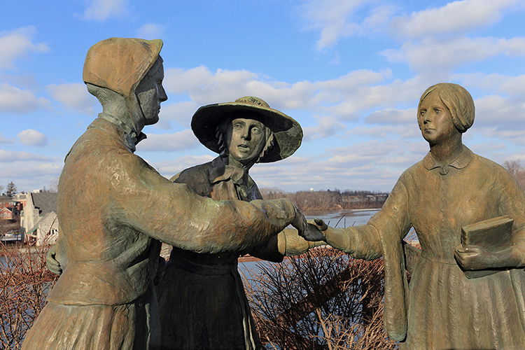 Sculpture depicting the May 1851 meeting of Elizabeth Cady Stanton and Susan B. Anthony, Seneca Falls, New York.