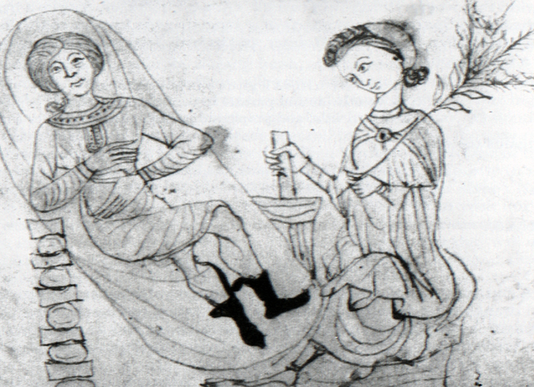 A pregnant woman is given a pennyroyal concoction, from a 13th-century manuscript of Pseudo-Apuleius' Herbarium.