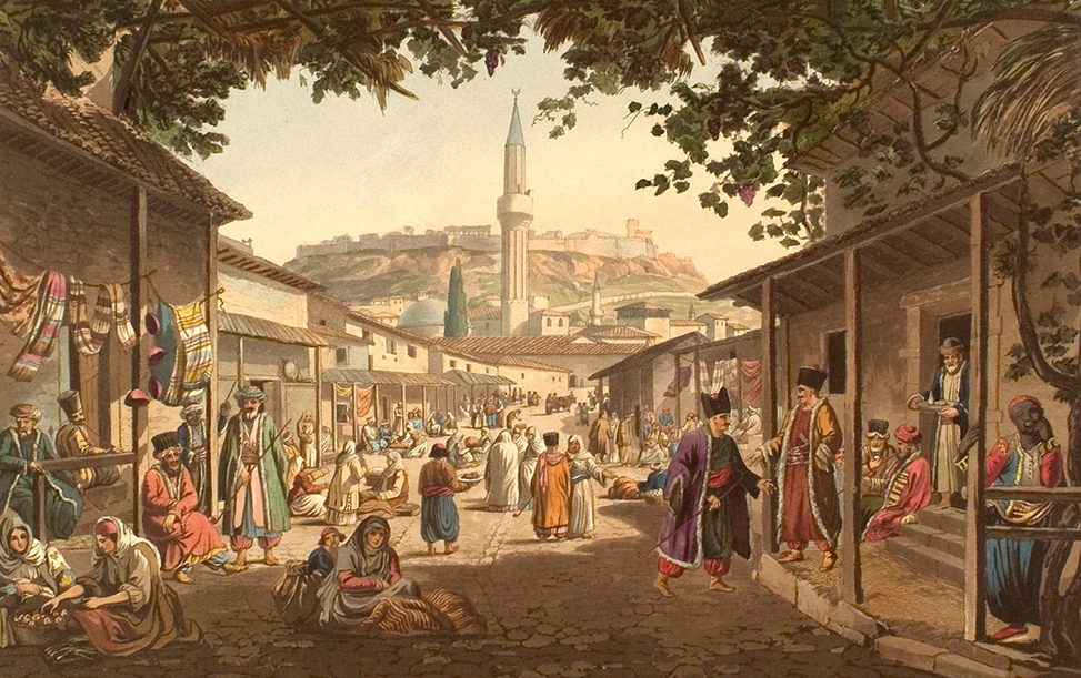Painting of the bazaar at Athens from Views in Greece, Edward Dodwell, 1821.