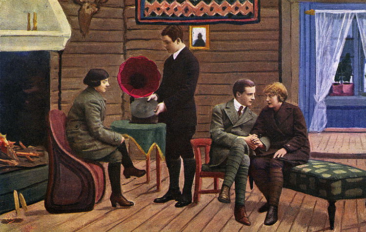 Young people listening to record on a gramophone, Norwegian postcard, early 1930s.