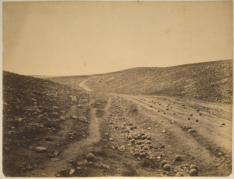 "Shadow of the Valley of Death" Dirt road in ravine scattered with cannonballs, Crimea, Roger Fenton, 1855 (Library of Congress)