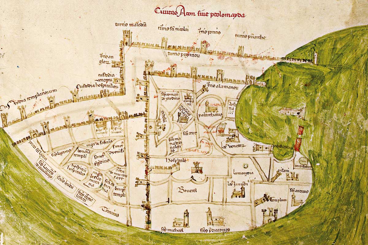 View of Acre from Liber secretorum fidelium crucis, by Marino Sanudo, illustrations by Pietro Vesconte, c.1312 © Bridgeman Images. 