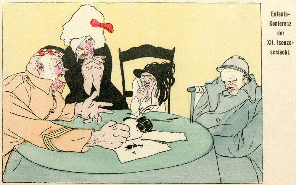 German cartoon satirising a conference of Allies (from left to right: Scotland, Russia, Italy and Britain) after the Battle of Caporetto, 1917.