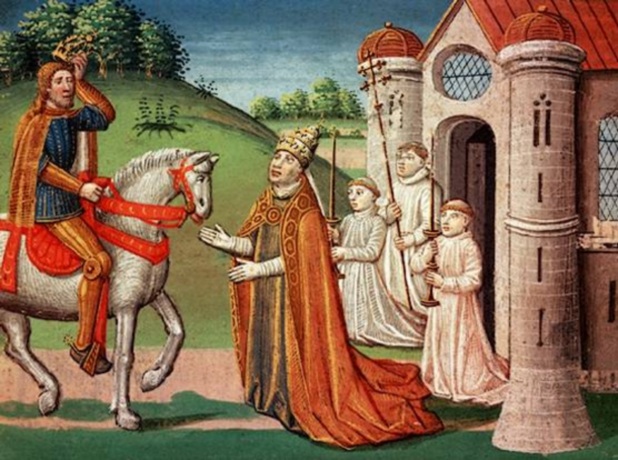Charlemagne and the Pope:  In 772, when Pope Adrian I was threatened by invaders, the king rushed to Rome to provide assistance. Shown here, the pope asks Charlemagne for help at a meeting near Rome.