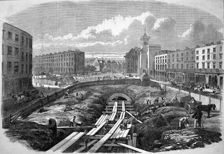 Construction of the Metropolitan Railway near King's Cross station, 1861