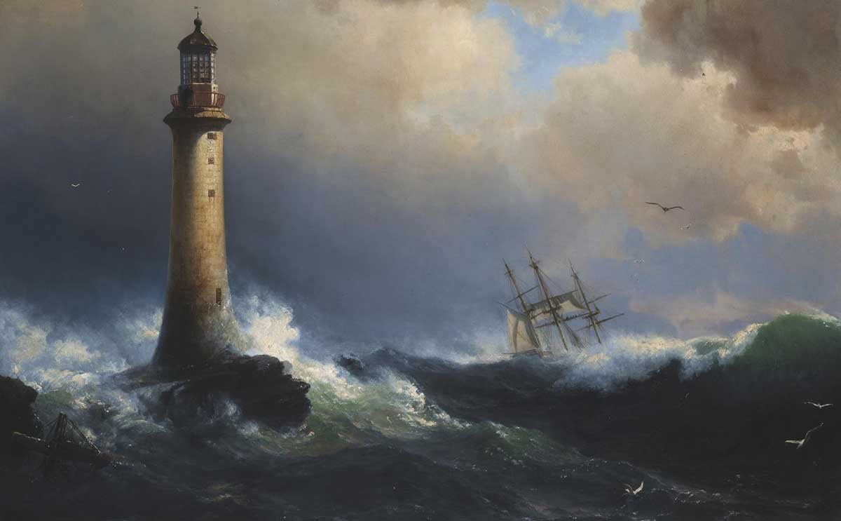 Shipping off the Eddystone Lighthouse, Vilhelm Melbye. Wiki Commons.