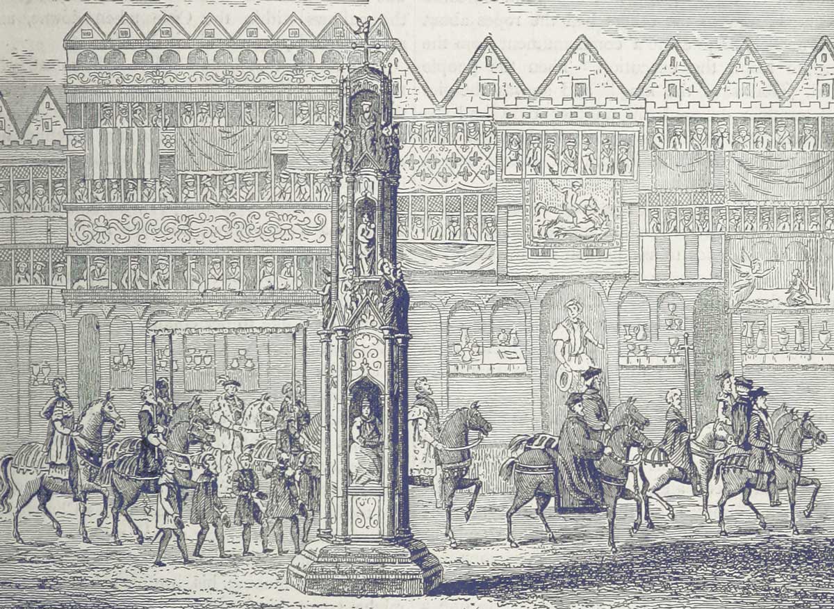 The coronation procession of Edward VI passing the Eleanor Cross in Cheapside, London. Based on an engraving by James Basire of 1787. Wiki Commons.