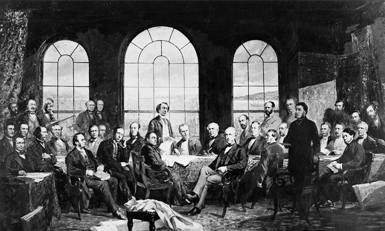 'The Fathers of Confederation': Robert Harris' grand depiction of the 1864 Charlottetown discussions that led to the union of Upper and Lower Canada with new Brunswick