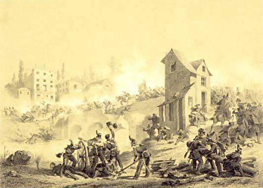 The Battle of the Goito Bridge (April 8th, 1848). Lithography by Stanislas Grimaldi de Puget