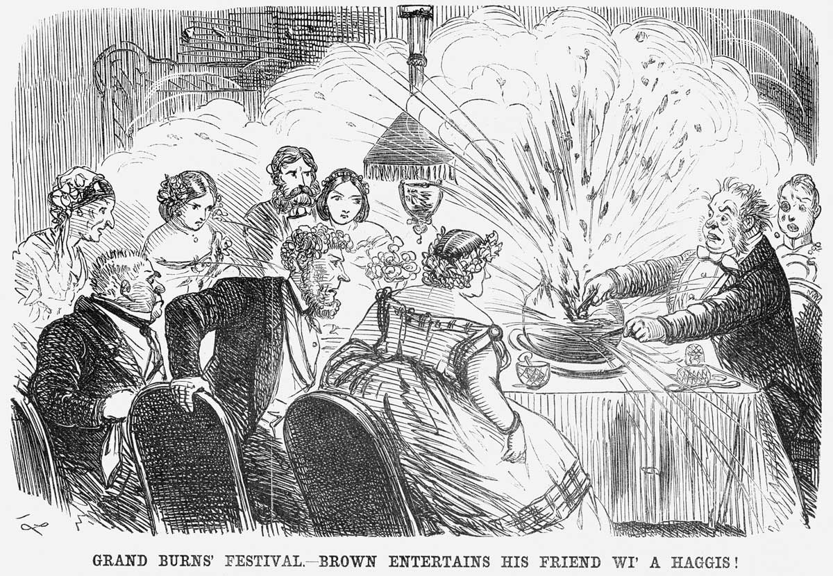 ‘Grand Burns’ Festival – Brown Entertains his Friend wi’ a Haggis!’, by John Leech, Punch, 5 February 1859 © John Leech/Punch/Getty Images.