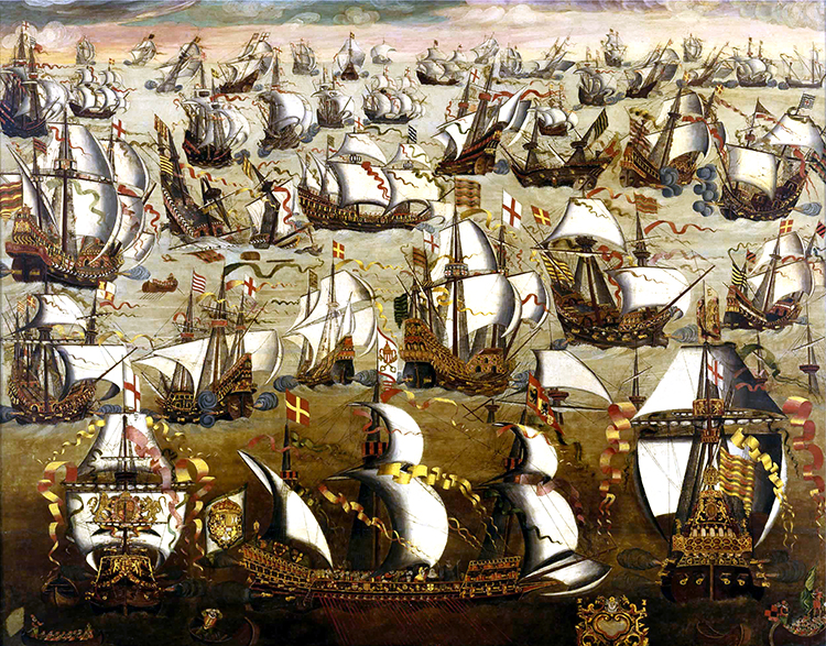 The Spanish Armada and English ships in August 1588, (unknown, 16th-century, English School)