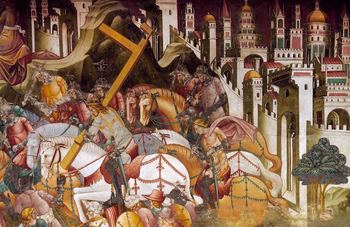 Khusrow II steals the True Cross, fresco by Cenni di Francesco, 1410, Church of St Francis, Volterra, Italy. (Bridgeman Images)