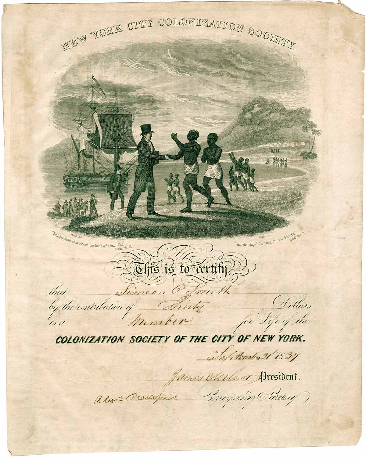 Simeon P. Smith’s certificate of membership to the Colonization Society of the City of New York, 20 September 1837 © New York Historical Society/Getty Images.