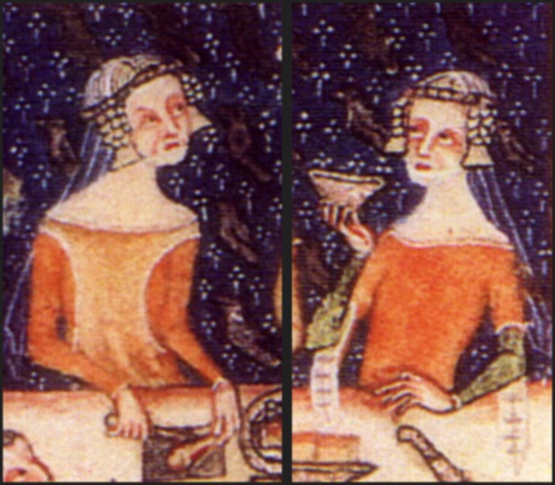 Two women dining, circa 1325 - 1335