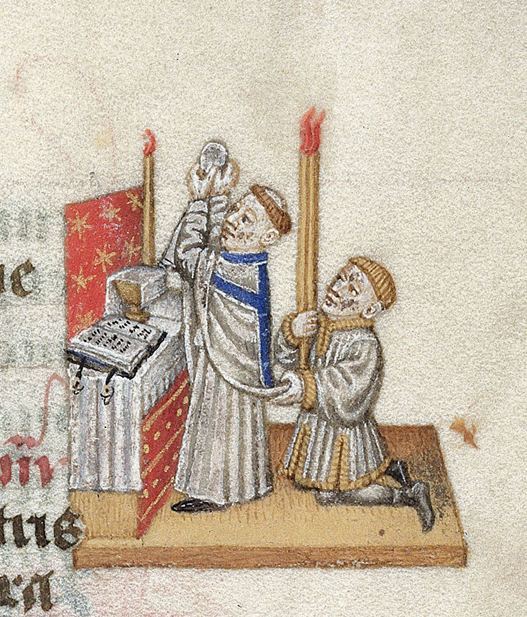 Detail of a marginal drawing of a priest celebrating Mass, with a minor cleric in attendance holding two tapers, at the moment of the elevation of the host, Book of Hours, c. 1440 - c. 1450.