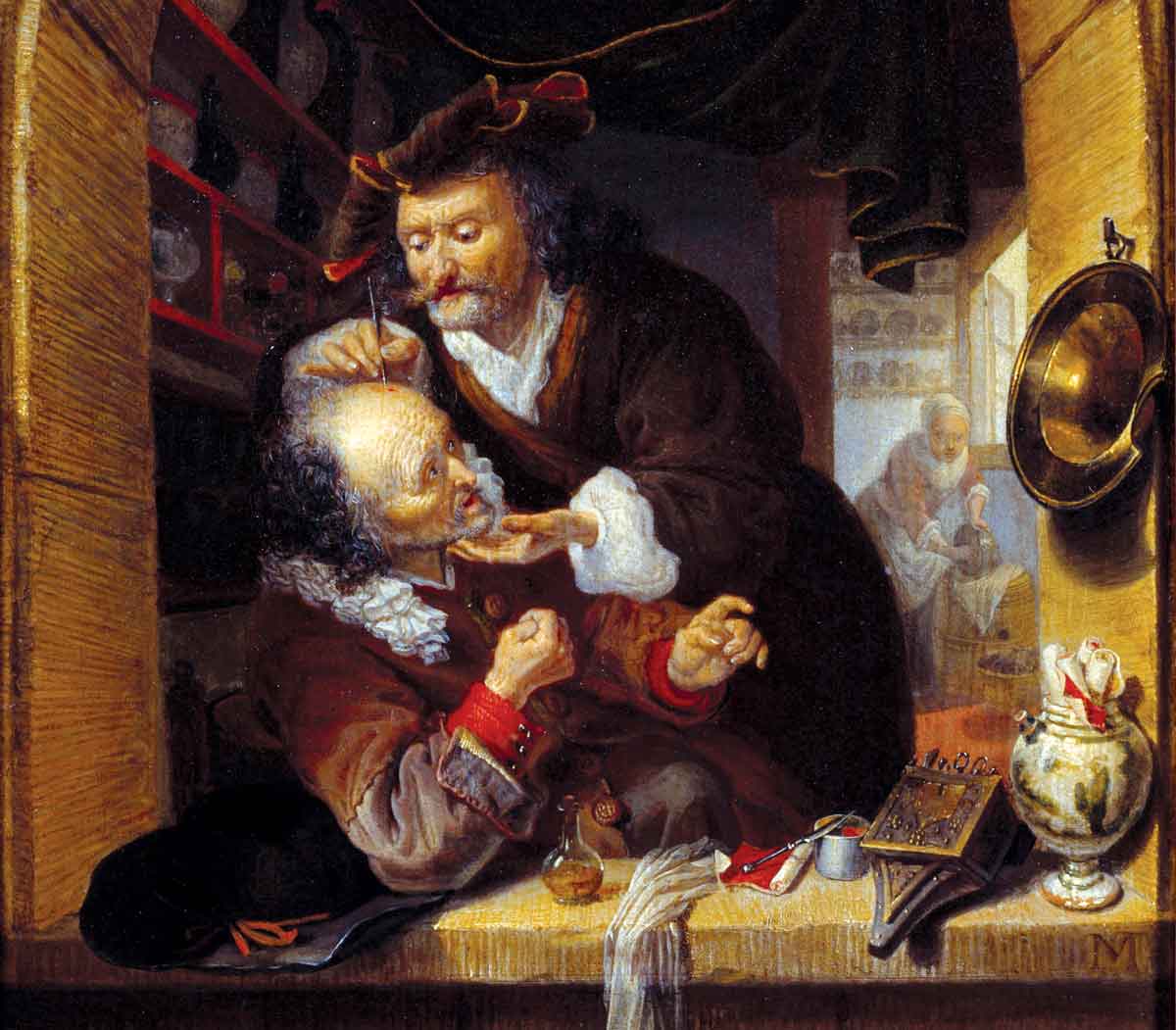 A doctor making a small bleeding to treat his patient’s headaches, by Bartholomeus Maton, Dutch, 17th century Photo © Josse/Bridgeman Images.