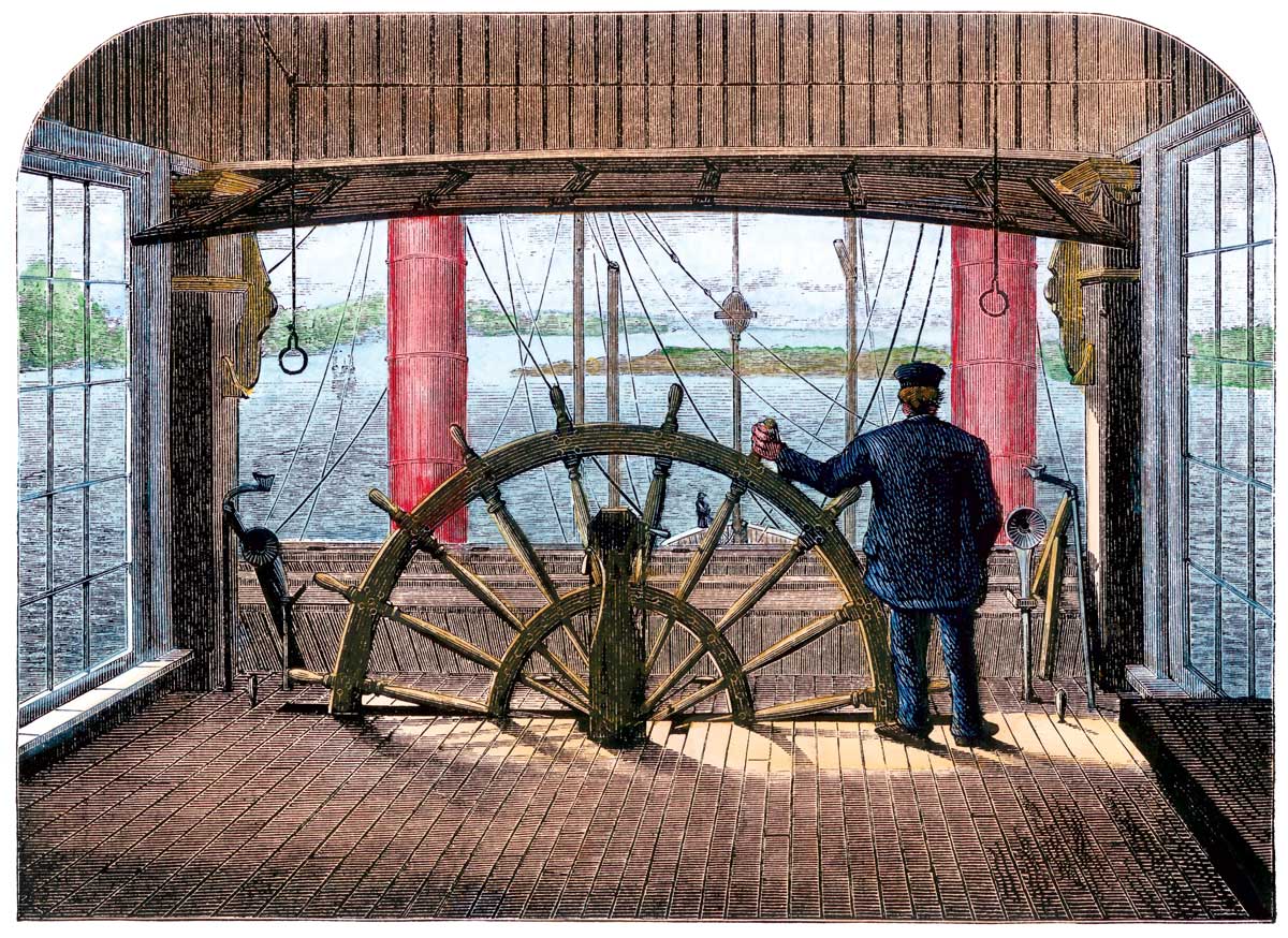 The pilot house of the Great Republic riverboat, hand-coloured woodcut, 1870s © akg-images