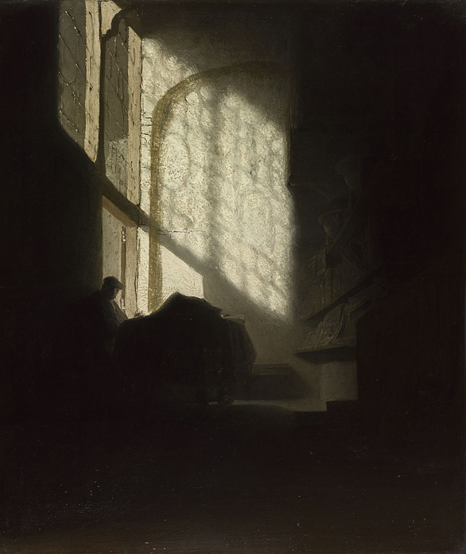 A Man seated reading at a Table in a Lofty Room, Follower of Rembrandt, c.1628-30.