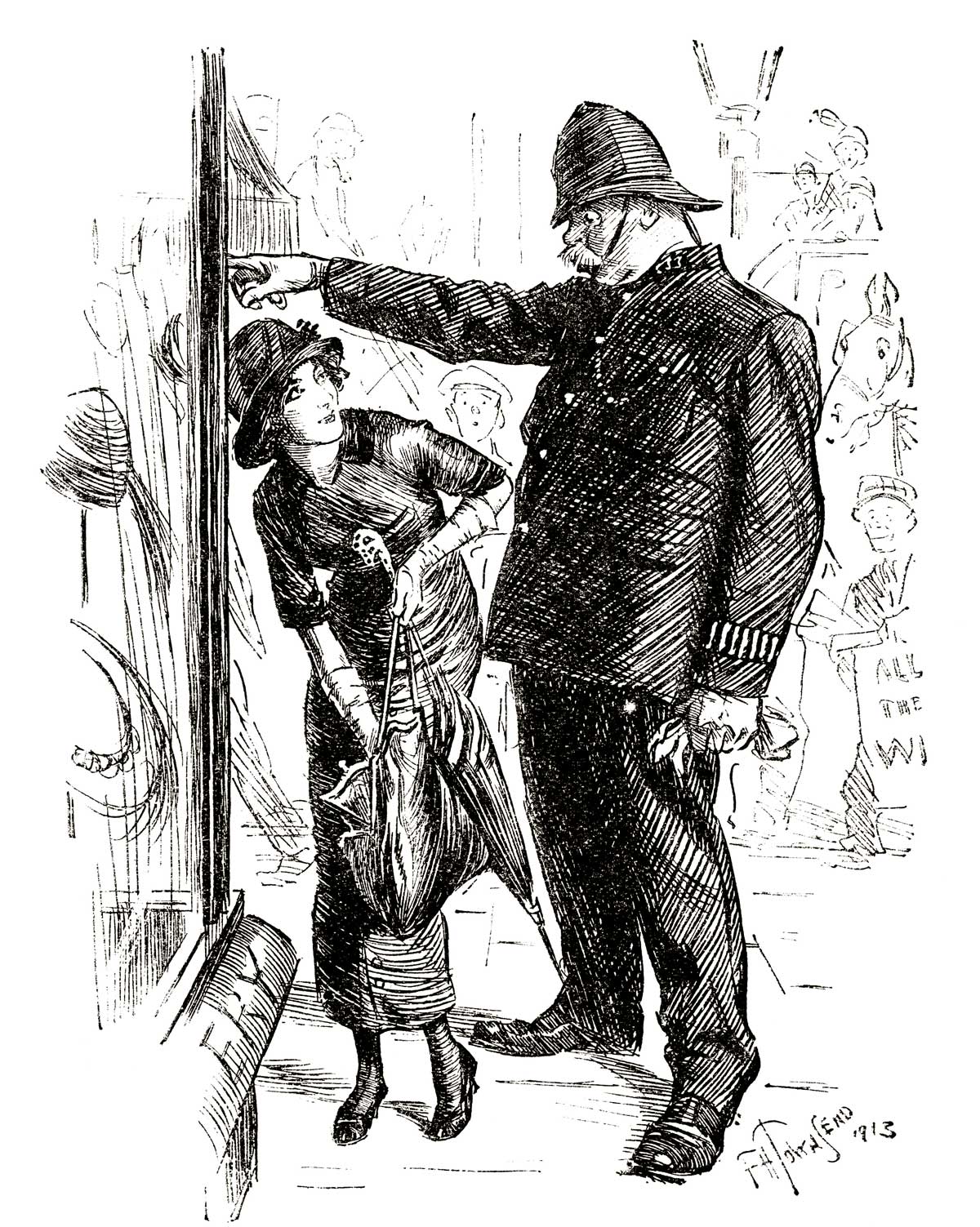 War Incidents, an ‘Over-zealous P.C.’ and a ‘Perfectly Innocent Young Lady’, by F.H. Townsend, Punch, 1913 © Punch Cartoon Library/Topfoto.