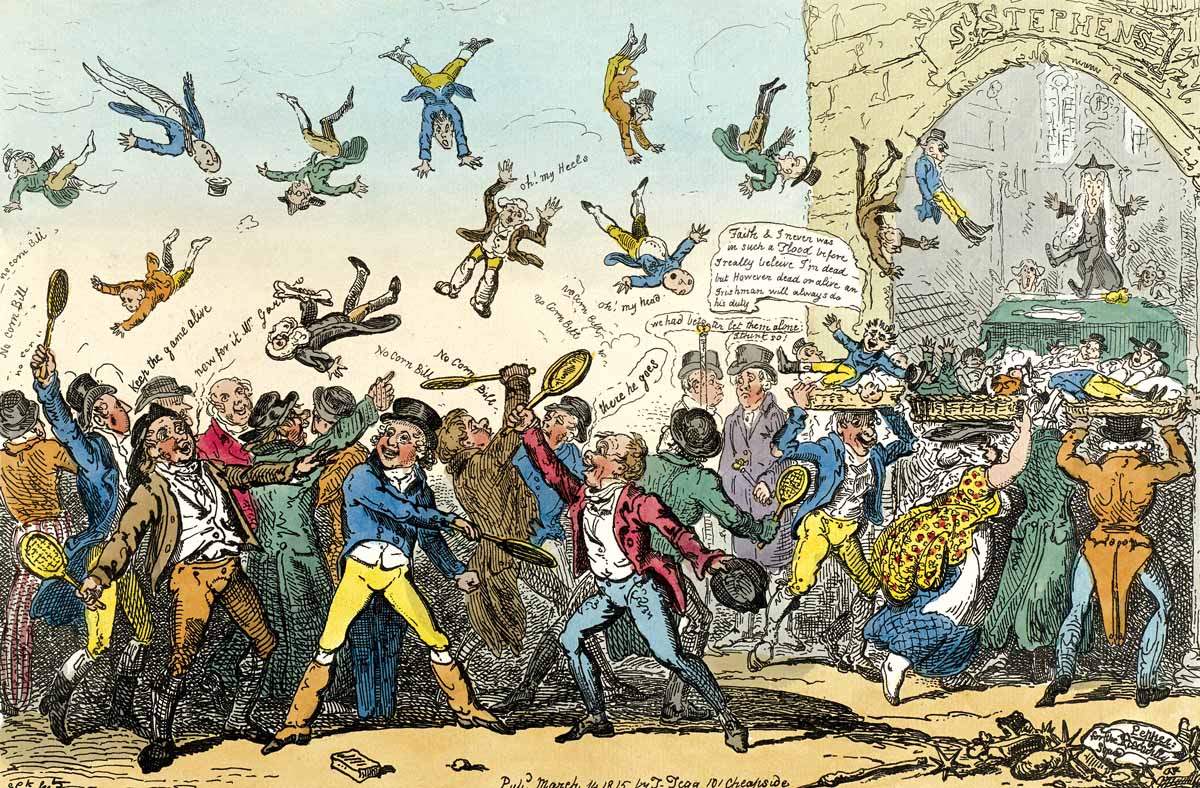 Shuttlecocks and Mackerel, or Members Going to Vote on the Corn Bill, 14 March 1815, by George Cruikshank © Bridgeman Images.